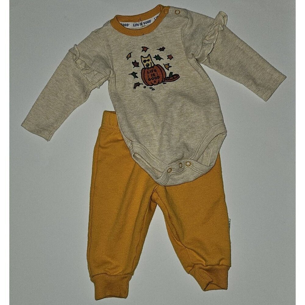 Life Is Good Halloween 2pc Outfit Shirt Pants Baby 3-6 Months Autumn Fall Leaves